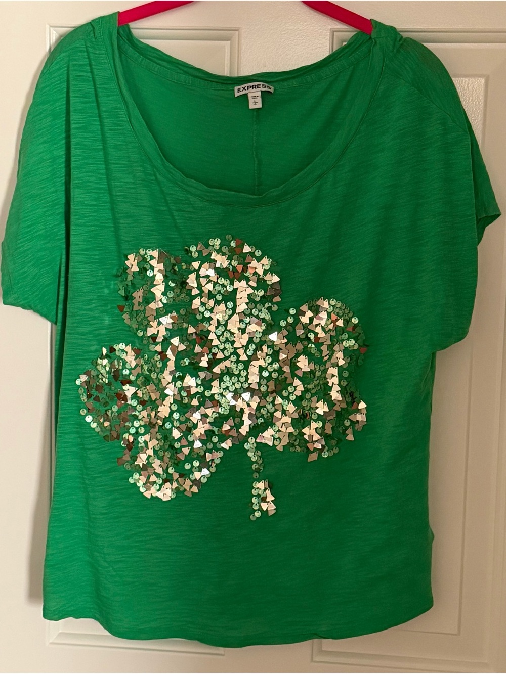 Express Green Short-Sleeve Tee with Sequin Shamrock